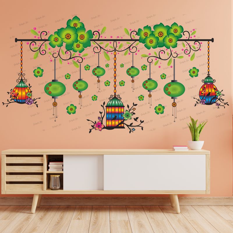 Homexa Decor | Chinese Lamp With Hanging Cages For Flower Design Wall Sticker (Size 104 x 55 cm)