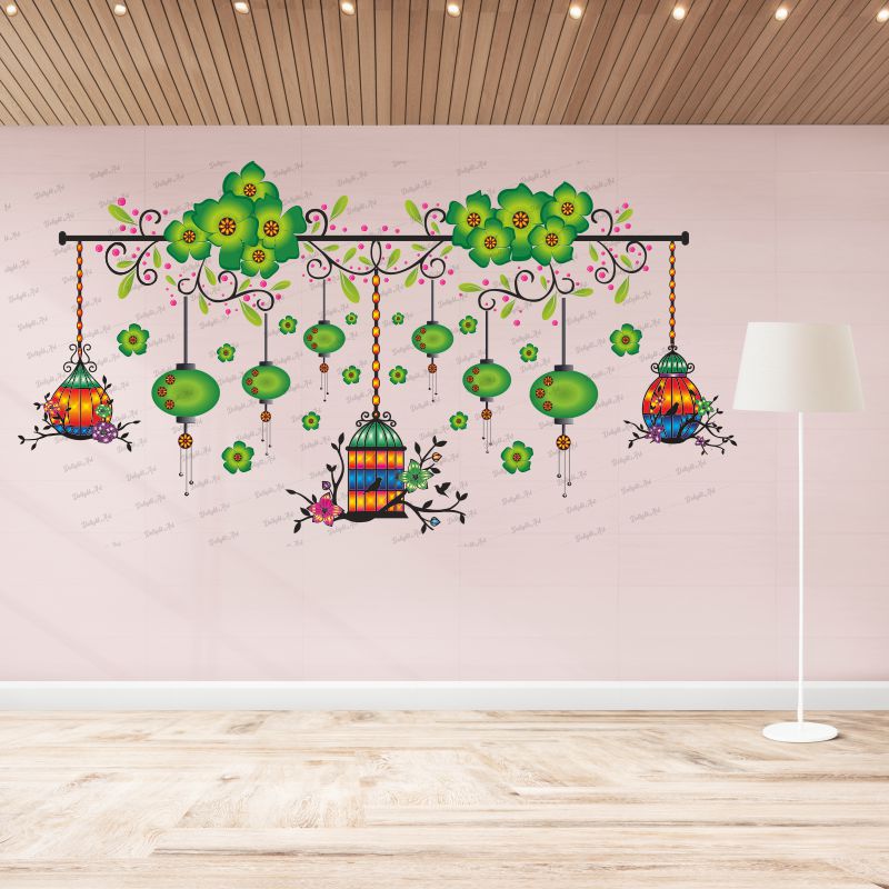 Homexa Decor | Chinese Lamp With Hanging Cages For Flower Design Wall Sticker (Size 104 x 55 cm)