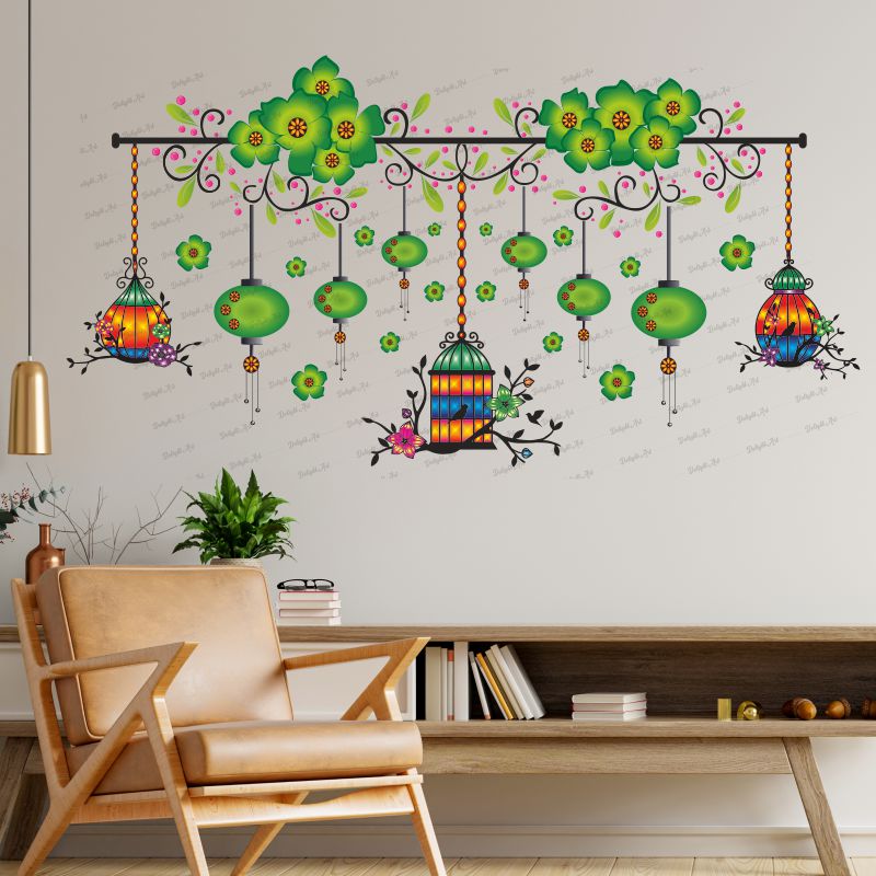 Homexa Decor | Chinese Lamp With Hanging Cages For Flower Design Wall Sticker (Size 104 x 55 cm)