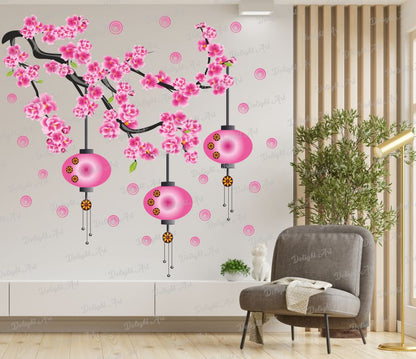 Homexa Decor | Branches with Flower and Hanging Lamp Design Wall Sticker (Size 72 x 75 cm)