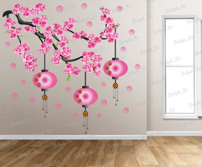 Homexa Decor | Branches with Flower and Hanging Lamp Design Wall Sticker (Size 72 x 75 cm)