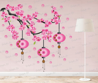 Homexa Decor | Branches with Flower and Hanging Lamp Design Wall Sticker (Size 72 x 75 cm)