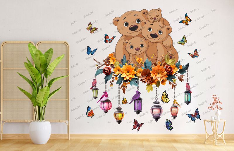 Homexa Decor | Teddy Bear Family and Flower With Butterflies Wall Sticker (Size 82 x 76 cm)