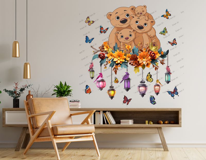 Homexa Decor | Teddy Bear Family and Flower With Butterflies Wall Sticker (Size 82 x 76 cm)