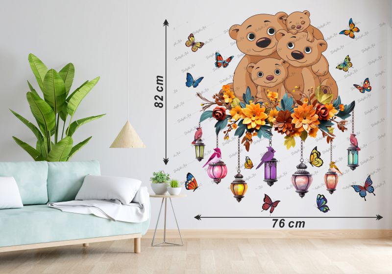 Homexa Decor | Teddy Bear Family and Flower With Butterflies Wall Sticker (Size 82 x 76 cm)