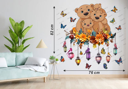 Homexa Decor | Teddy Bear Family and Flower With Butterflies Wall Sticker (Size 82 x 76 cm)