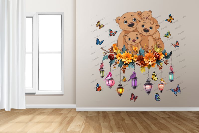 Homexa Decor | Teddy Bear Family and Flower With Butterflies Wall Sticker (Size 82 x 76 cm)