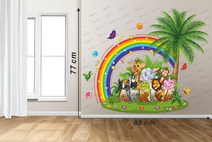 Homexa Decor |All Animals And Rainbow With Tree Design Wall Sticker Size - (85 x 77) Cm