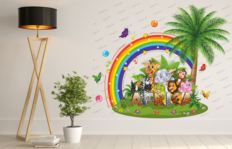 Homexa Decor |All Animals And Rainbow With Tree Design Wall Sticker Size - (85 x 77) Cm