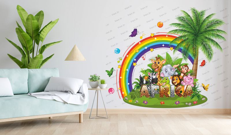 Homexa Decor |All Animals And Rainbow With Tree Design Wall Sticker Size - (85 x 77) Cm