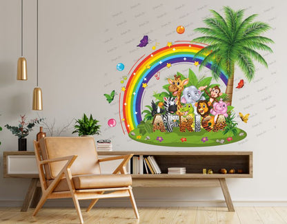 Homexa Decor |All Animals And Rainbow With Tree Design Wall Sticker Size - (85 x 77) Cm