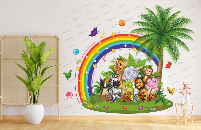 Homexa Decor |All Animals And Rainbow With Tree Design Wall Sticker Size - (85 x 77) Cm