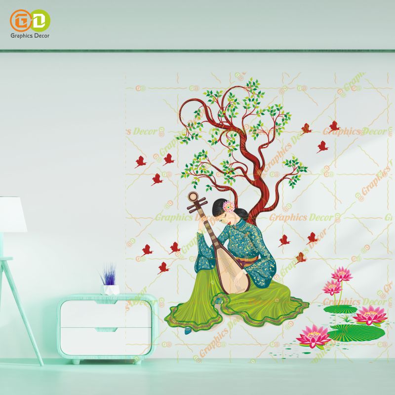Homexa Decor | Chinese Girl Playing Lute Under the Tree Green (68 x 75 cm)