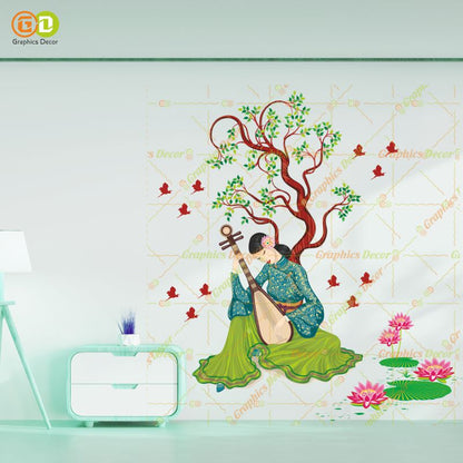 Homexa Decor | Chinese Girl Playing Lute Under the Tree Green (68 x 75 cm)