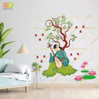 Homexa Decor | Chinese Girl Playing Lute Under the Tree Green (68 x 75 cm)