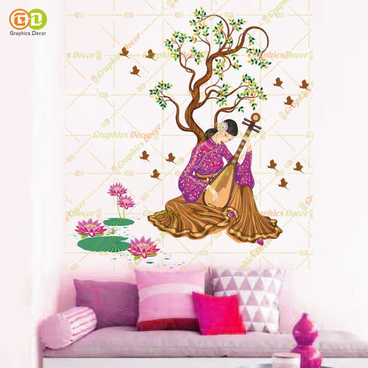 Homexa Decor |  Chinese Girl Playing Lute Under the Tree Purple (68 x 75 cm)
