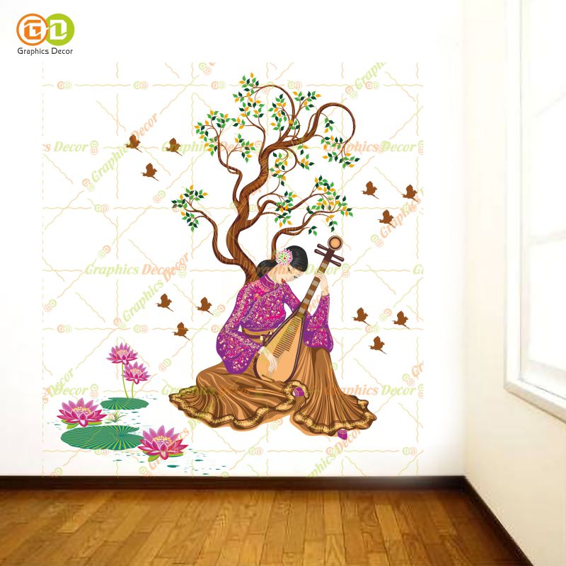 Homexa Decor |  Chinese Girl Playing Lute Under the Tree Purple (68 x 75 cm)