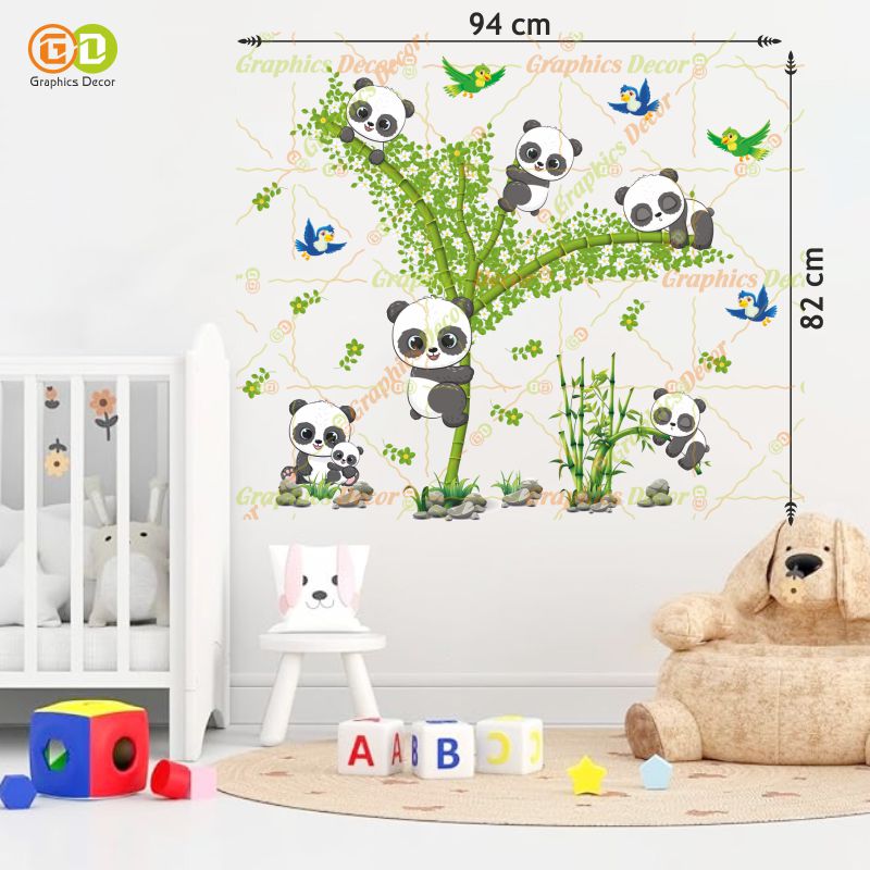 Homexa Decor | Baby Kids Panda Playing on Tree & Flying Birds Wall Sticker Green 94x82 Cm