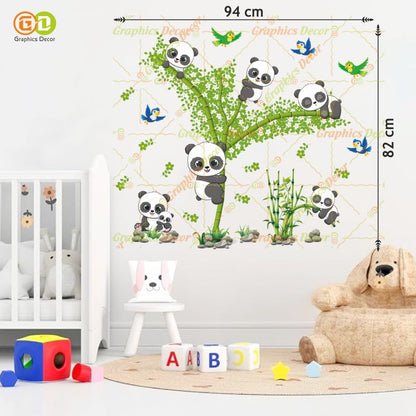 Homexa Decor | Baby Kids Panda Playing on Tree & Flying Birds Wall Sticker Green 94x82 Cm