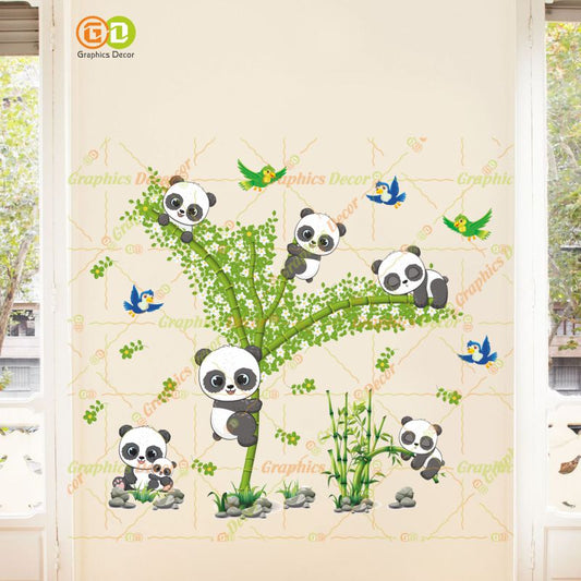 Homexa Decor | Baby Kids Panda Playing on Tree & Flying Birds Wall Sticker Green 94x82 Cm