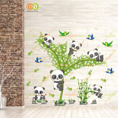 Homexa Decor | Baby Kids Panda Playing on Tree & Flying Birds Wall Sticker Green 94x82 Cm