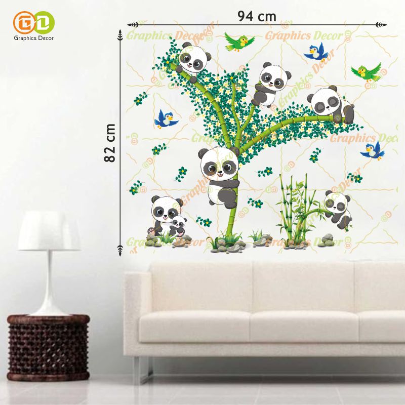 Homexa Decor | Baby Kids Panda Playing on Tree & Flying Birds Wall Sticker Sea Green (94 x 82 cm)