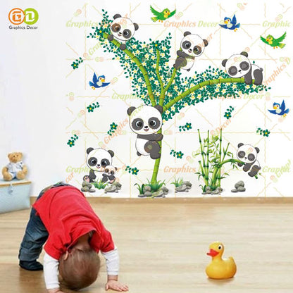 Homexa Decor | Baby Kids Panda Playing on Tree & Flying Birds Wall Sticker Sea Green (94 x 82 cm)
