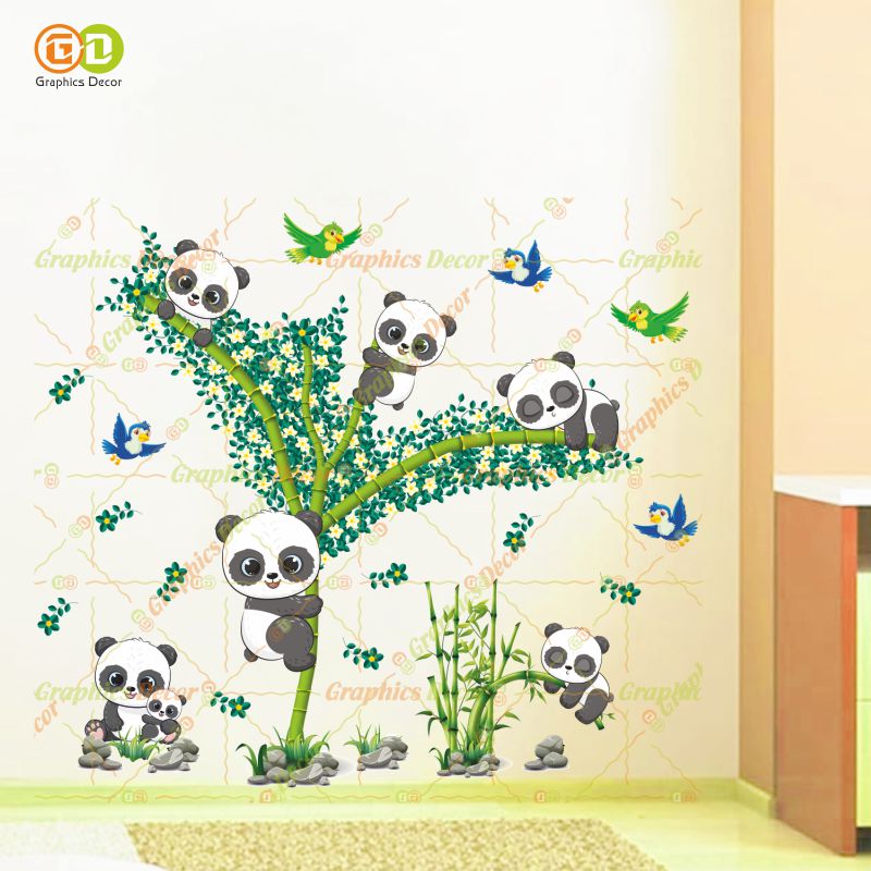 Homexa Decor | Baby Kids Panda Playing on Tree & Flying Birds Wall Sticker Sea Green (94 x 82 cm)