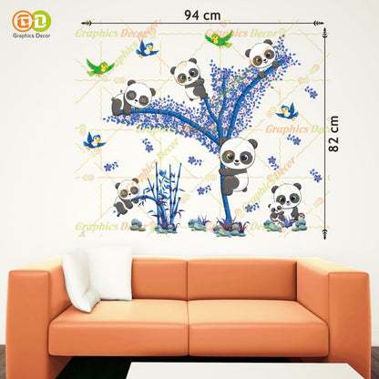Homexa Decor | Baby Kids Panda Playing on Tree & Flying Birds Wall Sticker Blue (94 x 82 cm)