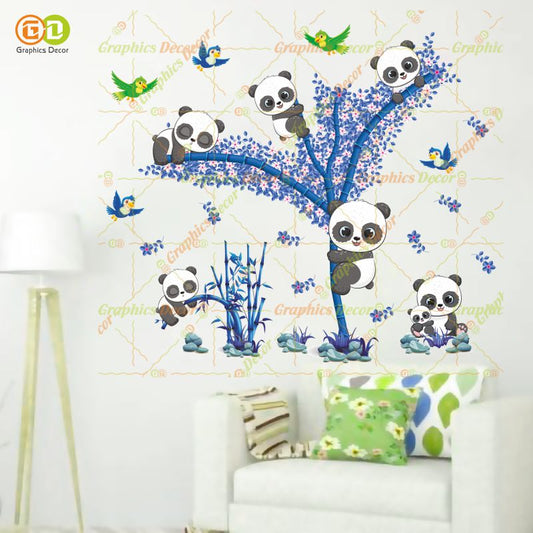 Homexa Decor | Baby Kids Panda Playing on Tree & Flying Birds Wall Sticker Blue (94 x 82 cm)