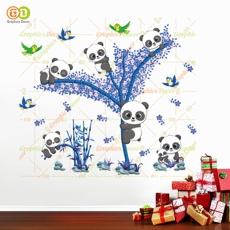 Homexa Decor | Baby Kids Panda Playing on Tree & Flying Birds Wall Sticker Blue (94 x 82 cm)