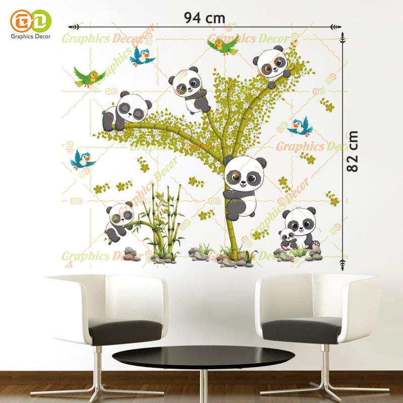 Homexa Decor | Baby Kids Panda Playing on Tree & Flying Birds Wall Sticker Yellow (94 x 82 cm)