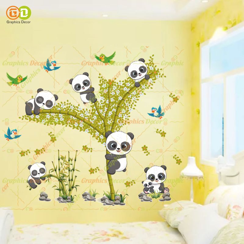 Homexa Decor | Baby Kids Panda Playing on Tree & Flying Birds Wall Sticker Yellow (94 x 82 cm)