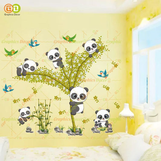 Homexa Decor | Baby Kids Panda Playing on Tree & Flying Birds Wall Sticker Yellow (94 x 82 cm)