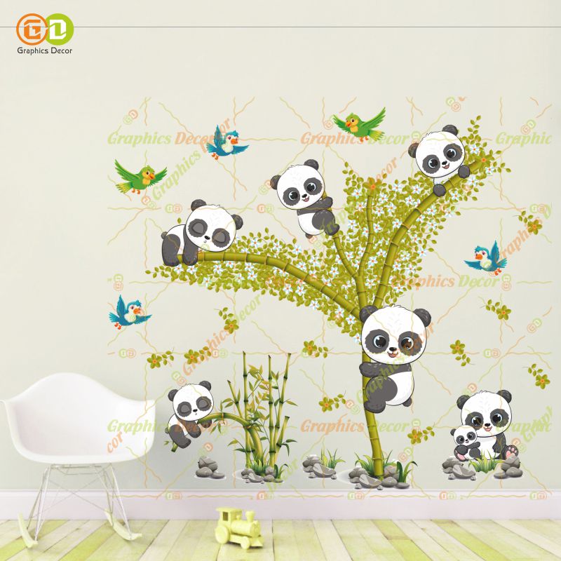 Homexa Decor | Baby Kids Panda Playing on Tree & Flying Birds Wall Sticker Yellow (94 x 82 cm)