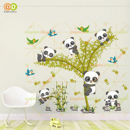Homexa Decor | Baby Kids Panda Playing on Tree & Flying Birds Wall Sticker Yellow (94 x 82 cm)