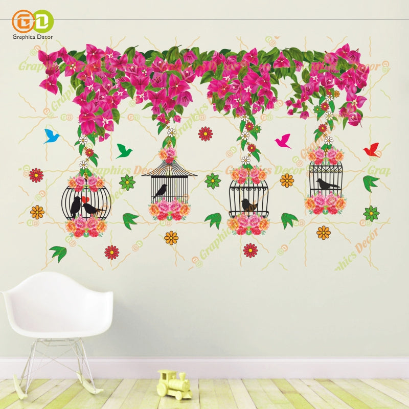 Homexa Decor |Tree Below Hanging Cages with Flower & Birds Pink Wall Sticker (86 x 54 cm)
