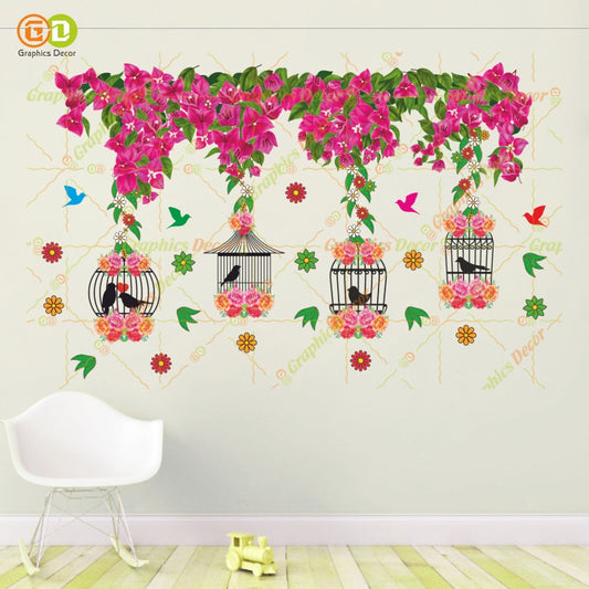 Homexa Decor |Tree Below Hanging Cages with Flower & Birds Pink Wall Sticker (86 x 54 cm)