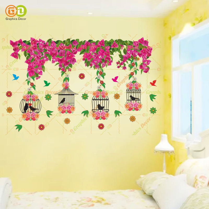 Homexa Decor |Tree Below Hanging Cages with Flower & Birds Pink Wall Sticker (86 x 54 cm)