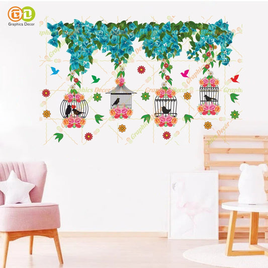 Homexa Decor |Tree Below Hanging Cages with Flower & Birds Pink Wall Sticker (86 x 54 cm)