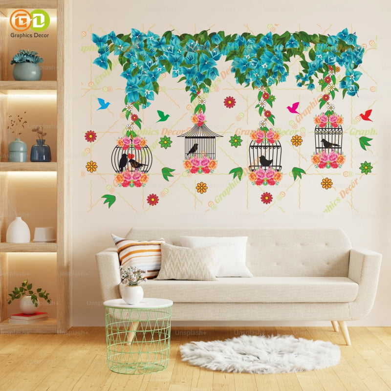 Homexa Decor |Tree Below Hanging Cages with Flower & Birds Pink Wall Sticker (86 x 54 cm)