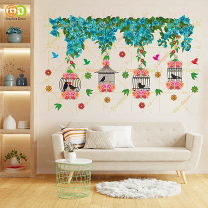Homexa Decor |Tree Below Hanging Cages with Flower & Birds Pink Wall Sticker (86 x 54 cm)