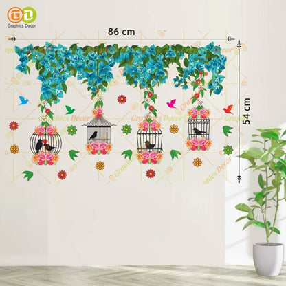 Homexa Decor |Tree Below Hanging Cages with Flower & Birds Pink Wall Sticker (86 x 54 cm)
