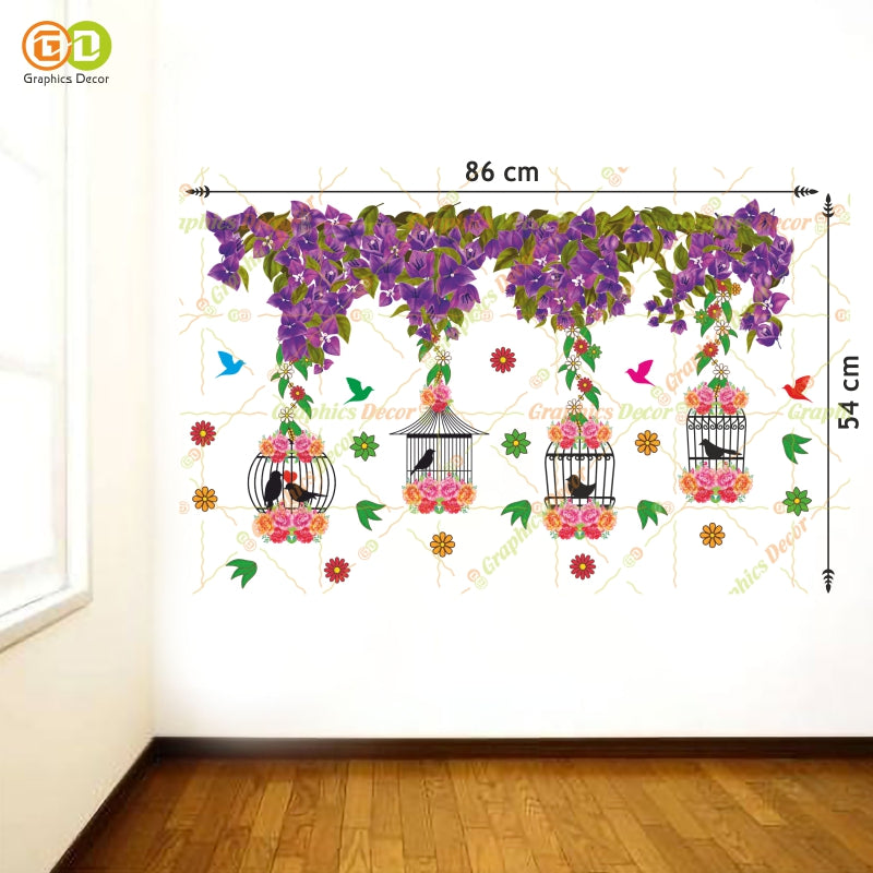 Homexa Decor |Tree Below Hanging Cages with Flower & Birds Blue Wall Sticker (86 x 54 cm)