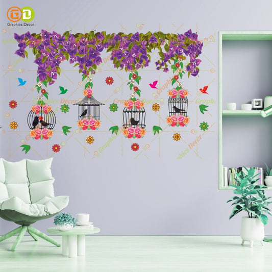 Homexa Decor |Tree Below Hanging Cages with Flower & Birds Blue Wall Sticker (86 x 54 cm)