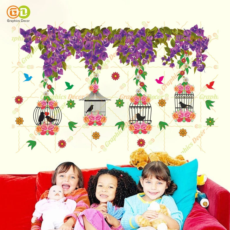 Homexa Decor |Tree Below Hanging Cages with Flower & Birds Blue Wall Sticker (86 x 54 cm)